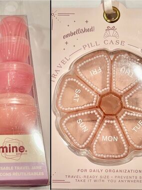 mine Pink Embellished Weekly Travel Pill Case & Pink Reusable Travel Jars Set